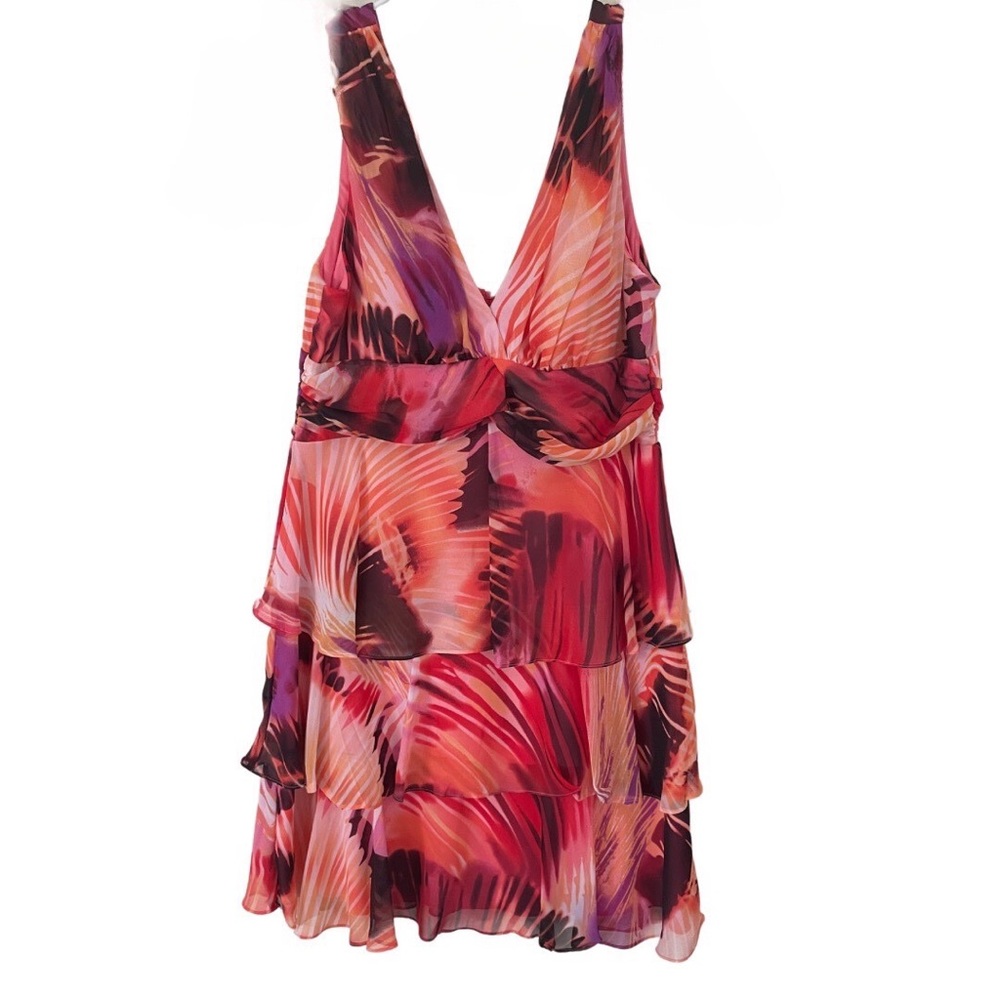 EUC Bisou Bisou Chiffon Abstract Dress sz 14 Peach Black Red Ivory Party Wedding